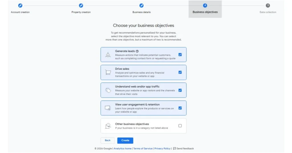 Selecting business objectives for personalized Google Analytics GA4 recommendations by HAMIMIT SEO agency.
