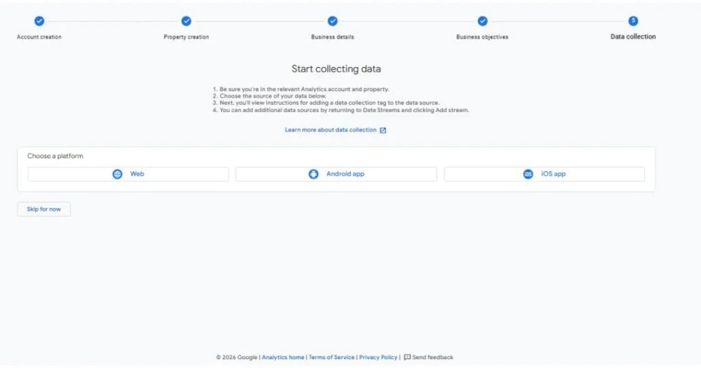 Start collecting data screen in Google Analytics GA4 setup process by HAMIMIT SEO agency.