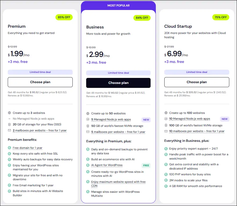hostinger plans comparison