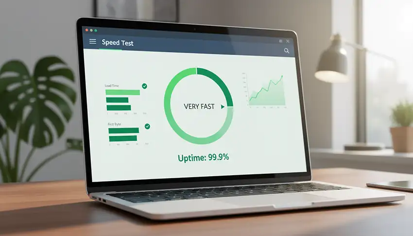 Hostinger speed test results showing fast loading time and 99.9% uptime