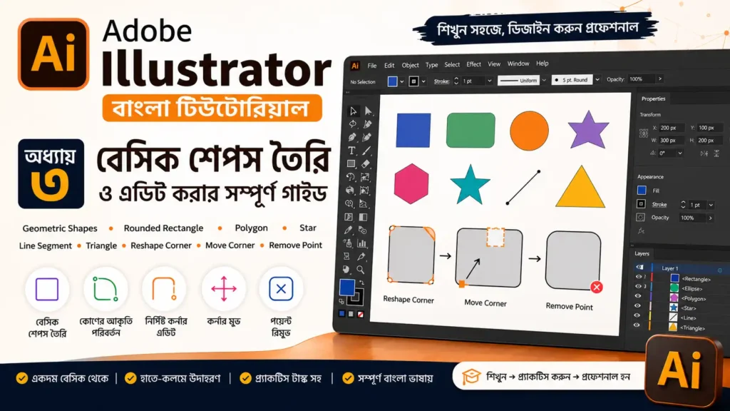Adobe Illustrator Basic Shapes Tutorial Bangla – Rectangle, Polygon ও Star