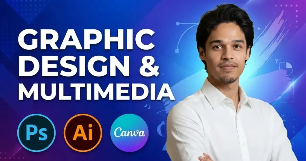 Course thumbnail for Graphic Design & Multimedia at HA-MIM IT featuring Photoshop, Illustrator, and Canva.