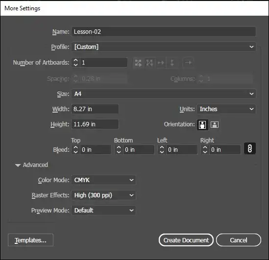 Adobe Illustrator নতুন ডকুমেন্ট তৈরি করার ডায়ালগ বক্স