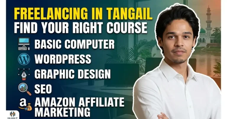 Thumbnail for Freelancing in Tangail at HA-MIM IT featuring instructor photo and top IT course icons.