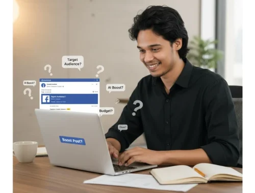 A smiling digital marketer looking at a laptop with pop-up questions like "Target Audience?" and "Budget?" about Facebook boosting, illustrating common questions before a post boost. Best Facebook Boost Service in Tangail
